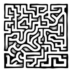 Maze is shown in black and white. The maze is very intricate and has many twists and turns. The maze is so complex that it is difficult to determine where the end is.