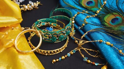 Elegant jewelry display featuring gold rings, green bracelets, and a peacock feather on a dark background.