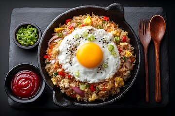 A bowl of delicious fried rice with egg and vegetables, ready to eat for a quick and tasty meal.