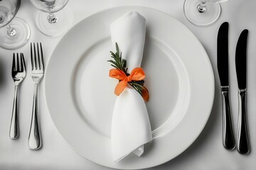 Festive tablescape: white plate, napkin with orange ribbon, silverware, glassware. Showcase table setting for holiday meals, weddings, and special occasions.