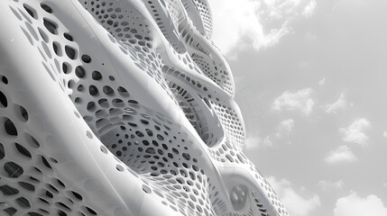 White architectural structure with repeating hole pattern against a cloudy sky backdrop view from below .