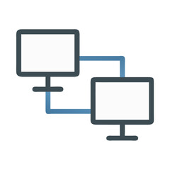 Two computers connected by a blue network connection line