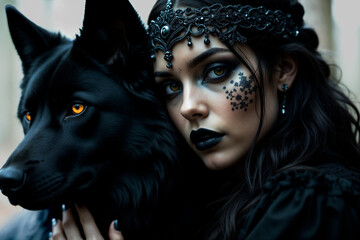 Gothic portrait of a woman with dark makeup and a black wolf
