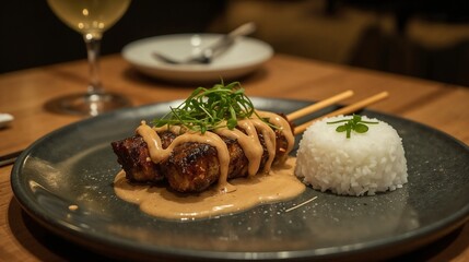 Grilled chicken skewers served with peanut sauce, rice cakes, and pickles in a modern cafe-style presentation.
