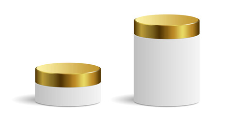 White and gold cylinder podium stage platforms pedestal vector. Ideal for product showcases, awards ceremonies, or luxury presentations. elegant, multi-tiered display for premium items