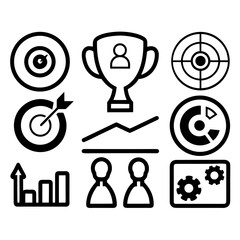 Business Strategy Icons: A collection of minimalistic business icons showcasing key elements of strategy, including targets, achievements, and collaboration. 