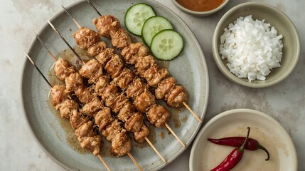 Grilled chicken skewers served with peanut sauce, rice cakes, and pickles in a modern cafe-style presentation.