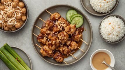 Grilled chicken skewers served with peanut sauce, rice cakes, and pickles in a modern cafe-style presentation.