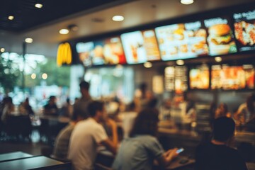 Busy fast food restaurant interior, blurred