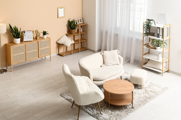 Interior of stylish living room with white sofa, armchair and wooden table