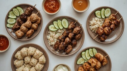 Grilled chicken skewers served with peanut sauce, rice cakes, and pickles in a modern cafe-style presentation.
