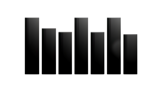 A sleek black bar chart icon with seven vertical columns in minimal data representation style isolated on white background