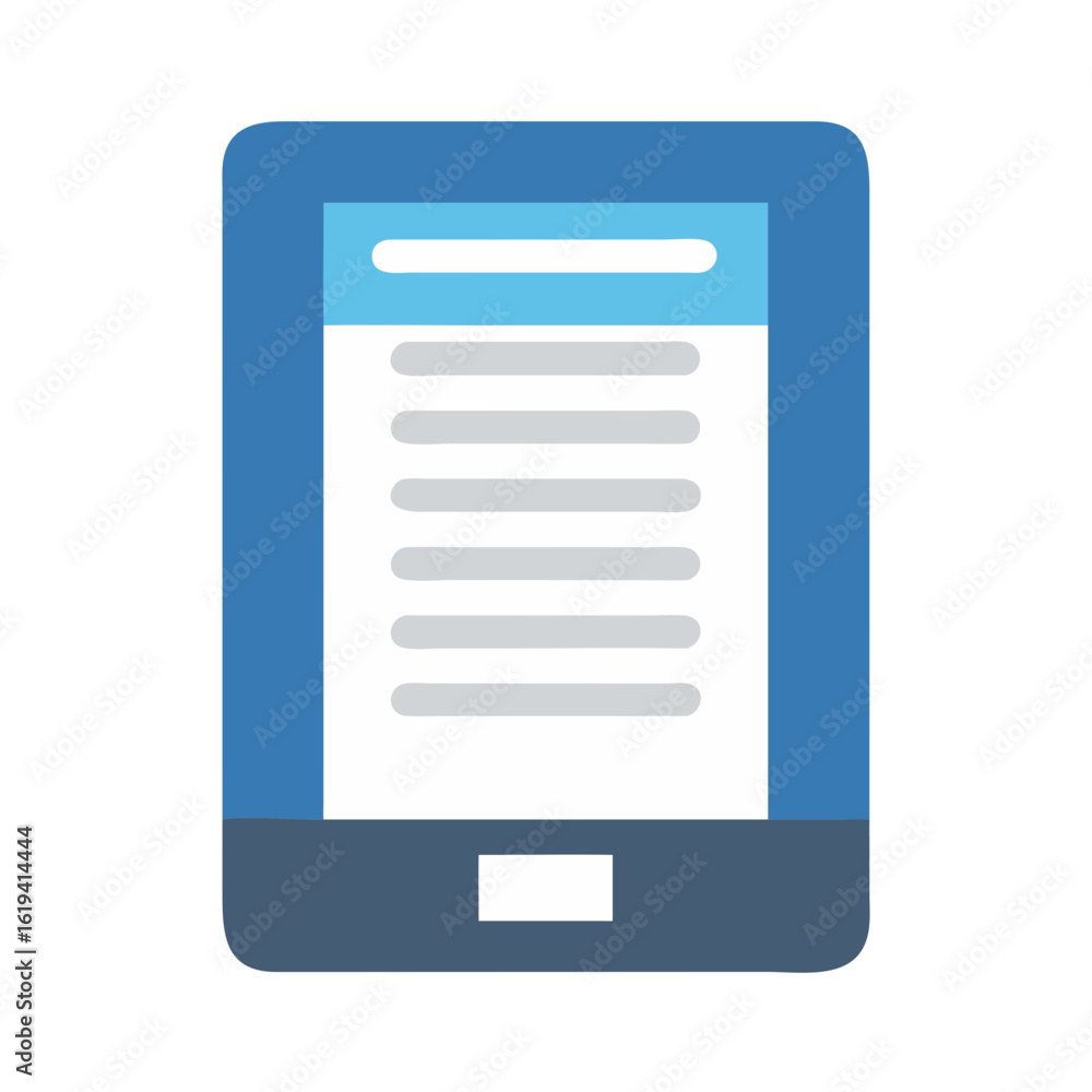 Poster blue e-reader displaying text in flat graphic style