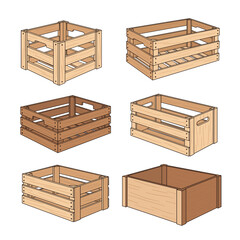 Collection of six wooden crates for storage and display purposes various shapes and sizes