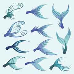 Collection of stylized mermaid tail illustrations with water swirls and aquatic design elements