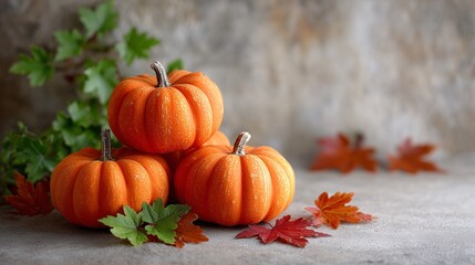 Group of ripe orange pumpkins sitting on a rustic table with autumn leaves, representing a fall harvest concept.