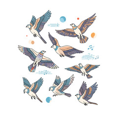 Obraz premium Illustrations of multiple birds in mid flight with musical notes decorations and soft color palette
