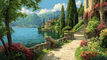 Digital Art of Italian Garden with Lake, Stone Path, and Mountain View

