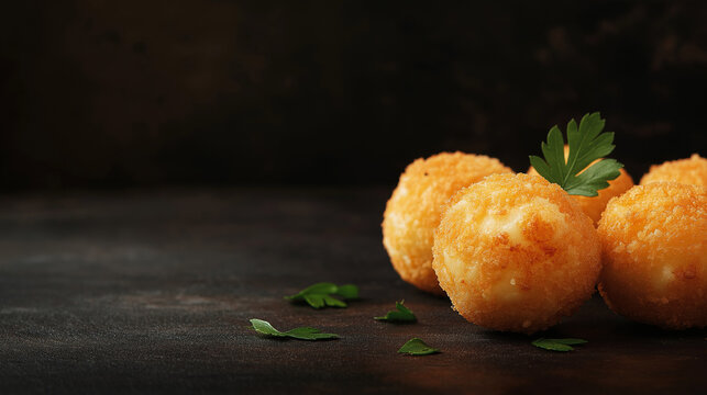 Close-up de saborosas bolinhas de queijo fritas crocantes e douradas em fundo marrom escuro