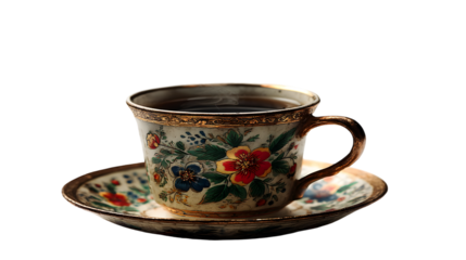 Antique Porcelain Teacup with Floral Pattern – Isolated on White