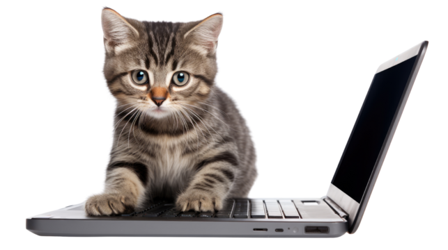 A tabby cat perches on a laptop staring upward in curious pose isolated on white background