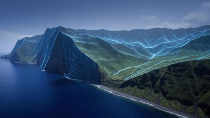 Stunning coastal landscape with cliffs and ocean waves, enhanced by digital overlay showcasing zero trust architecture in 5G technology