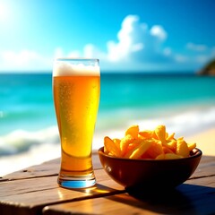 Close-up of frosty beer and chips on wooden beach table by turquoise sea.