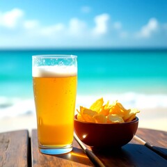 Close-up of frosty beer and chips on wooden beach table by turquoise sea.