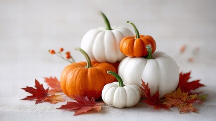 White and orange pumpkins arranged with autumn leaves. Harvest season decoration for Thanksgiving and fall celebrations.