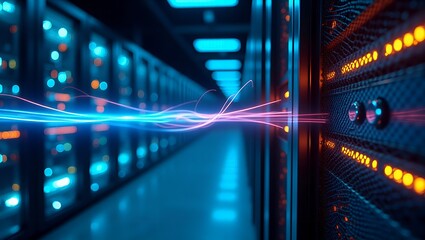 Wide-Angle View of Futuristic Server Room with Glowing Fiber Optic Cables and Dynamic Data Streams in Neon Colors