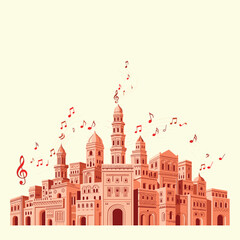 Obraz premium An ancient cityscape filled with musical notes and melodies flowing from its buildings