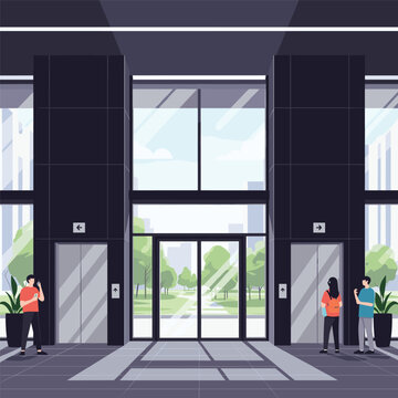 Modern office building lobby with people waiting for elevators and large windows showing green park scenery