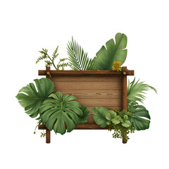Tropical Wooden Sign with Lush Greenery and Yellow Flower Accent.
