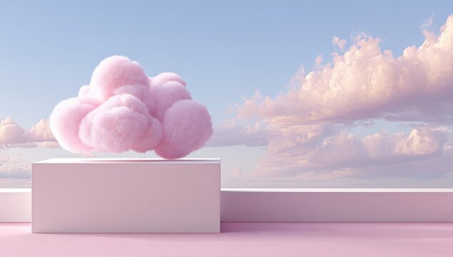 Fluffy pink cloud on white pedestal, pastel sky - Powered by Adobe