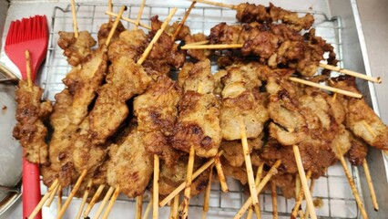 Grilled Pork Satay Skewers on a Metal Rack