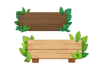 Two Rustic Wooden Signboards Adorned with Green Leaves Illustration.