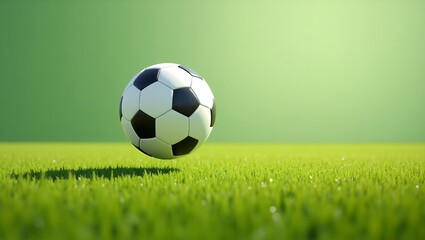 Fototapeta premium Minimalistic Side-Angle Shot of Soccer Ball Hovering Above Fresh Green Grass Field with Elongated Shadow and Sharp Textures in Natural Light