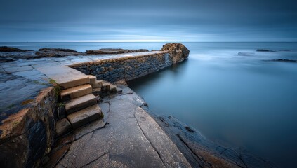 Seaside pool with rock wall near rocky coast. Calming, peaceful background