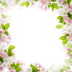 Fototapeta premium A beautiful floral frame of delicate pink and white spring blossoms with fresh green leaves.