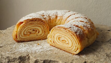 Fototapeta premium Delicious Baumkuchen cake with powdered sugar on a stone surface, presented in a bright and inviting studio setting.