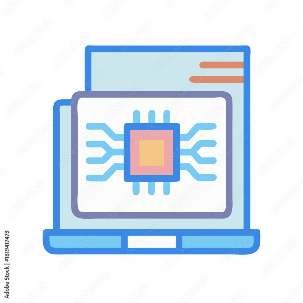 Poster stylized laptop and server icon with integrated processor chip