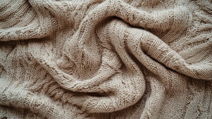 Cozy, knitted, beige blanket with a cable pattern is beautifully draped. It can be used as background for blog posts, social media or web design.