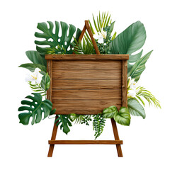 Wooden Easel Signboard with Tropical Leaves and White Flowers Decoration.