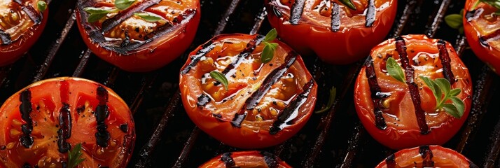 Fototapeta premium Tomatoes halved and stacked showcasing their tantalizing grill marks.