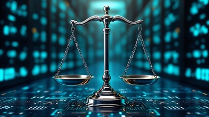 Digital law concept justice scales on circuit board background cyber law and legal tech