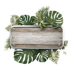 Wooden Sign with Metal Frame and Tropical Green Leaves Decoration.