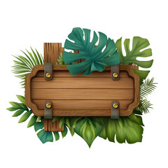 Wooden Sign with Tropical Leaves Rustic Style Decorative Elements.