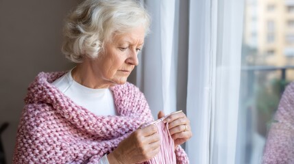 Elderly woman knits by the window.