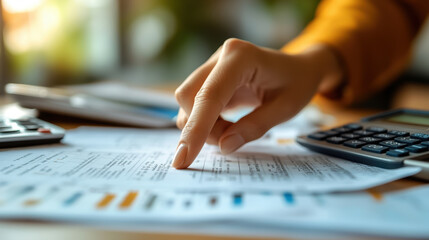 Human hand pointing at printed financial analysis report with bar graph on white paper, surrounded by documents and office table items, Concept of finance, data analysis, economy, planning.