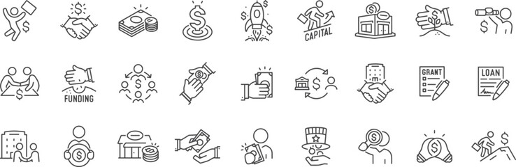 Finance and Money Management Icon Set – Budget, Savings, Bank, Expenses, Transactions, Payment Methods, Financial Planning, Money Growth

